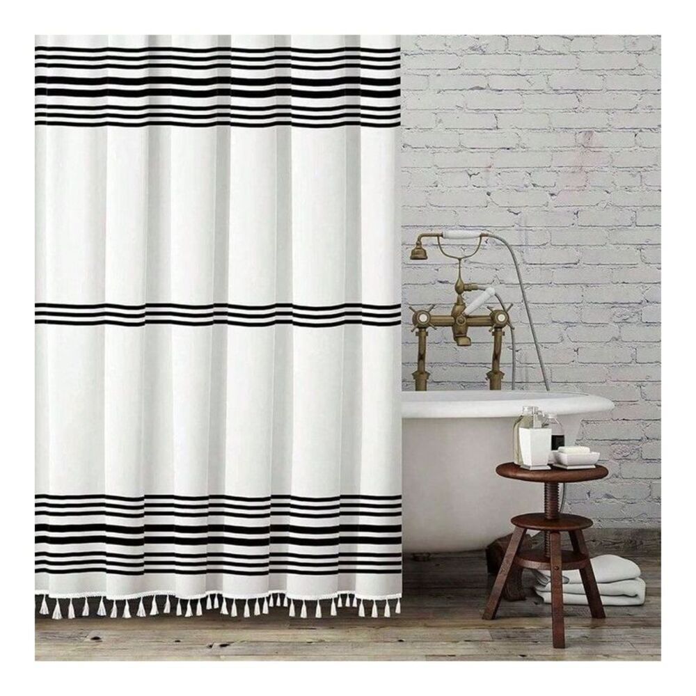 Open Box - AI'MAGE - Black and White Shower Curtain with Tassels, Farmh Black